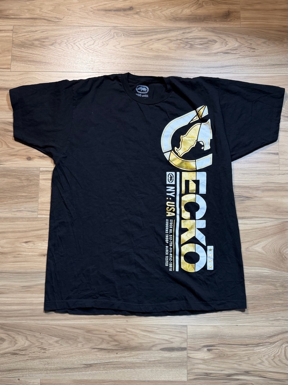 Ecko Unlimited Black T-Shirt with Gold & White Vertical Logo